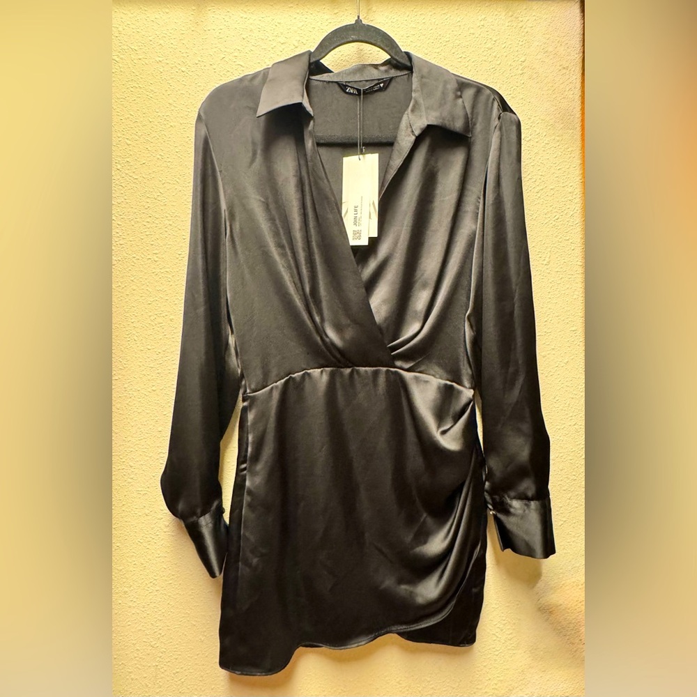 Elegant Black Satin Wrap Dress